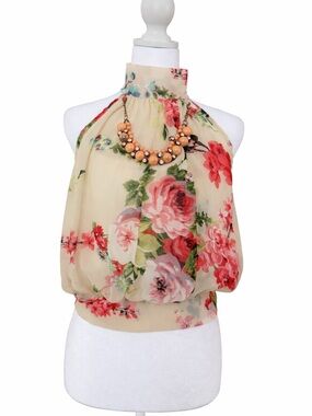 Floral Halter Neck Blouse - Cream with Pink Roses size L